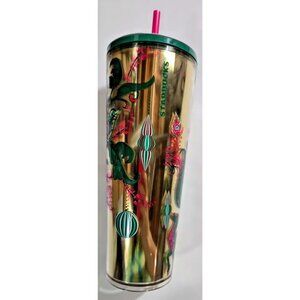Starbucks Christmas Reindeer Tumbler Gold Green 2024 Straw 24 oz RARE NWT